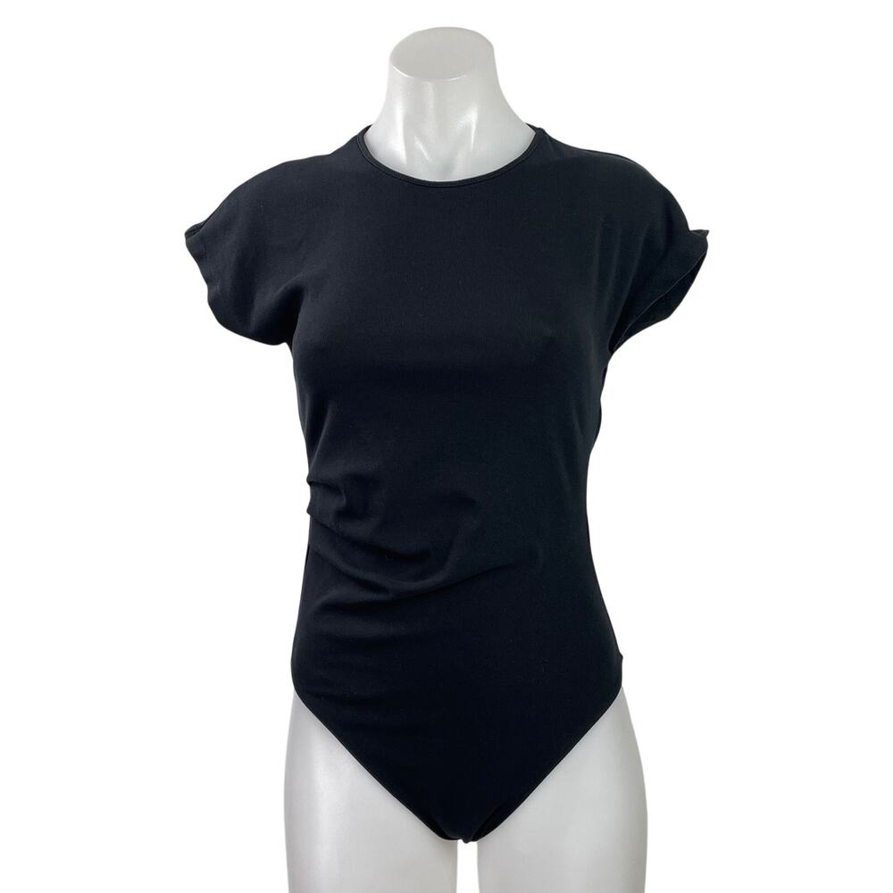Zara Womens Black Crewneck Short Sleeve Open Back Bodysuit Tee T-shirt Top Sz M